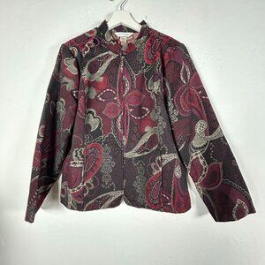 Christopher & Banks Jacquard Floral Tapestry Zip Front Jacket Large Burgundy New